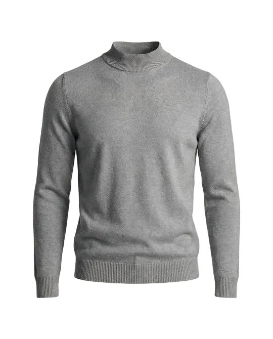 Pull gris chiné à col montant, présenté de face à plat sur fond blanc 6