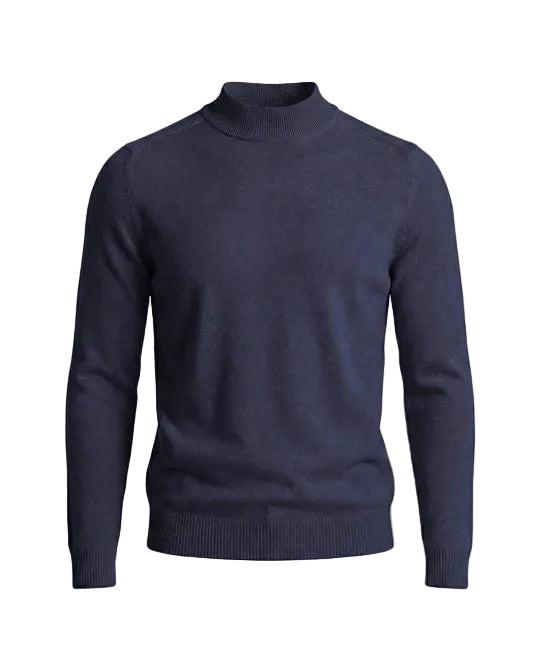 Pull bleu marine à col montant, vu de face à plat avec bas côtelé 7