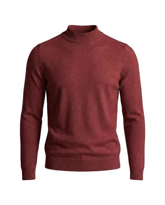 Pull rouge bordeaux à col montant, présenté à plat de face, poignets et bas côtelés 8