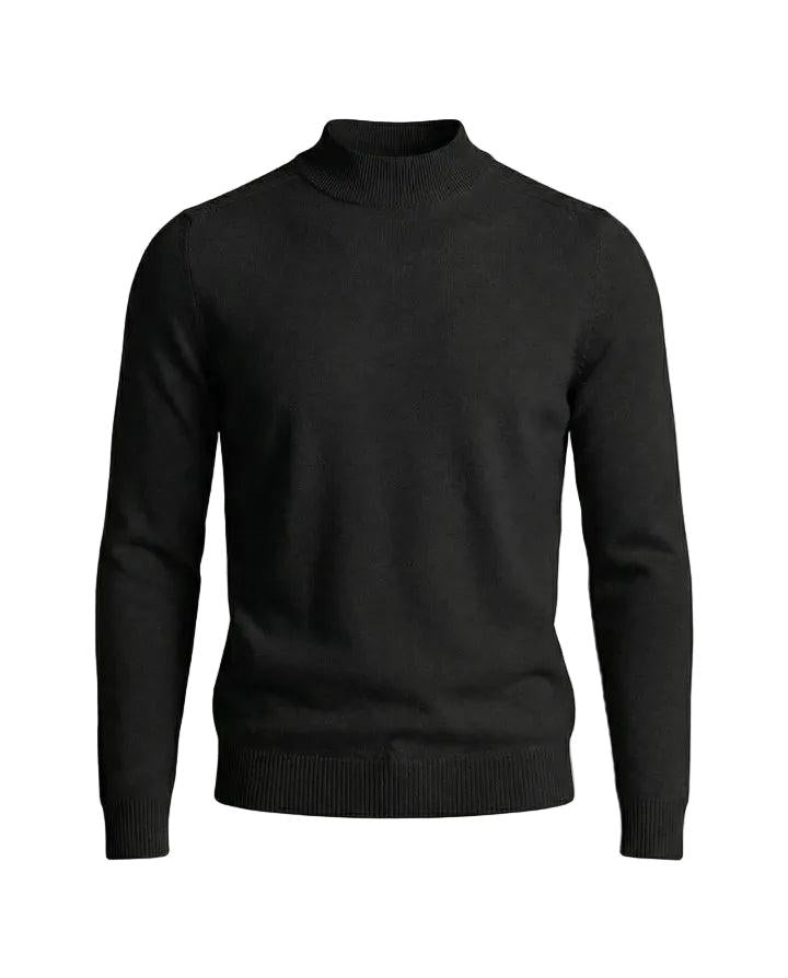 Pull noir à col montant, vu de face à plat, avec bas et poignets côtelés 9