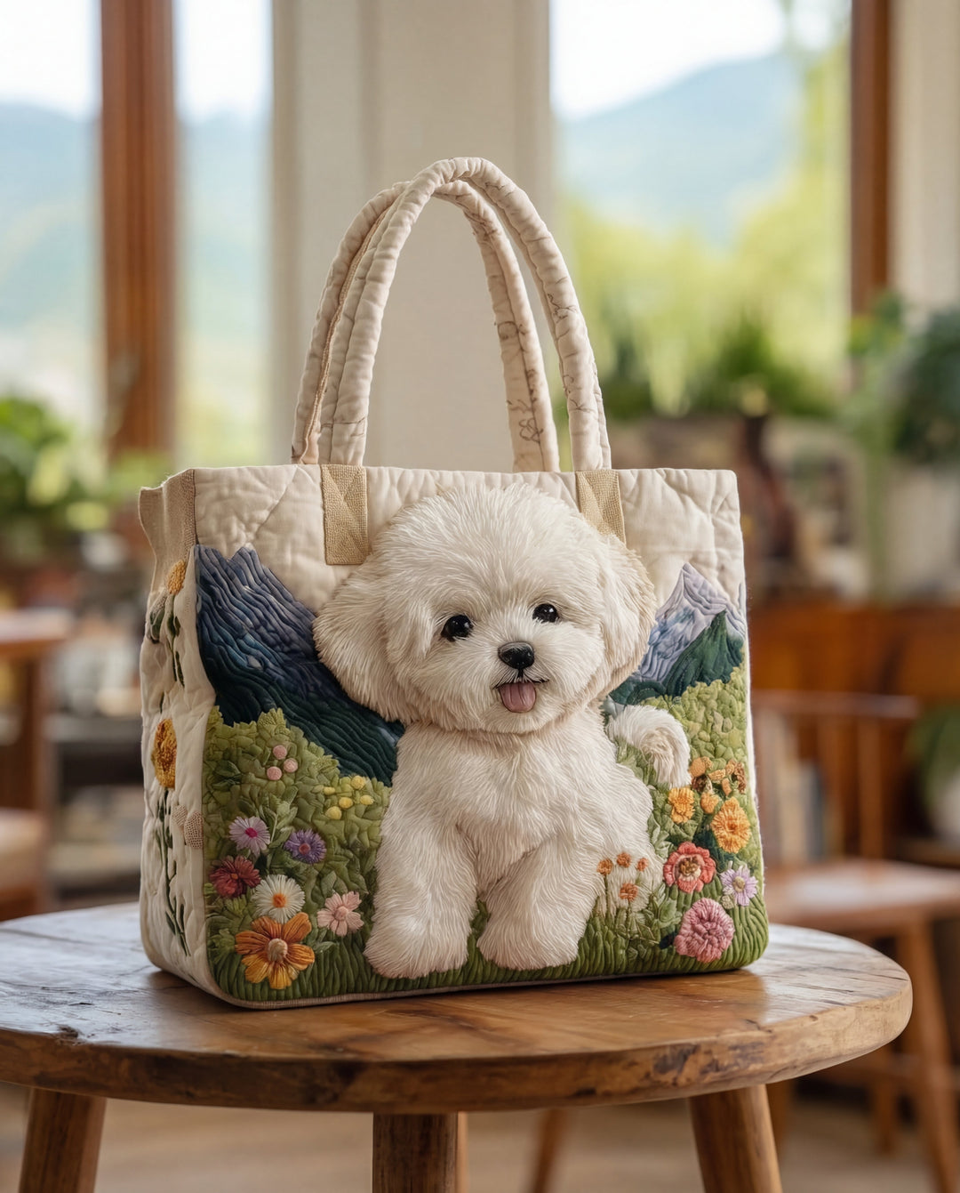 Sac matelassé crème posé sur un tabouret en bois, orné d'un chiot blanc duveteux dans un pré fleuri devant des montagnes. 1