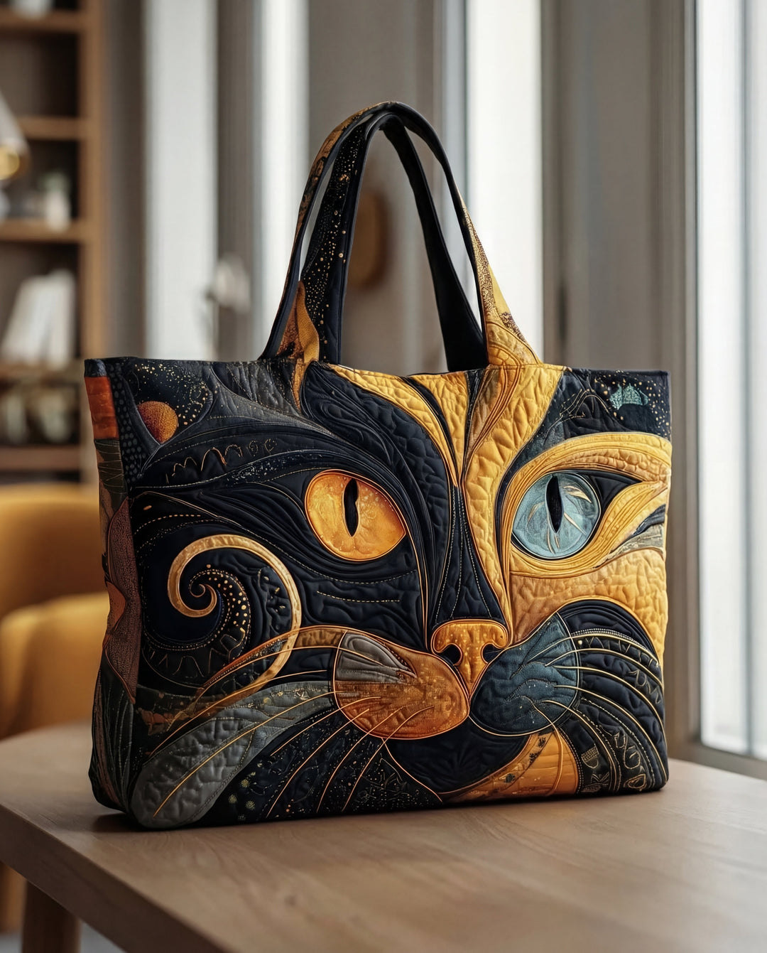 Cabas matelassé posé sur une table en bois, orné d'un grand visage de chat stylisé noir et jaune aux yeux orange et bleu. 1