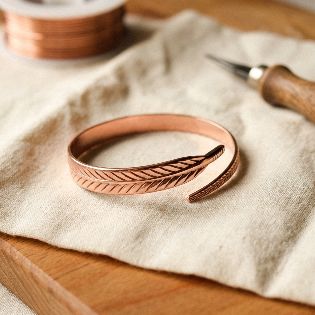 Bracelet ouvert en cuivre aux motifs de plume gravés, posé sur un tissu en lin, avec une bobine de fil de cuivre. 1