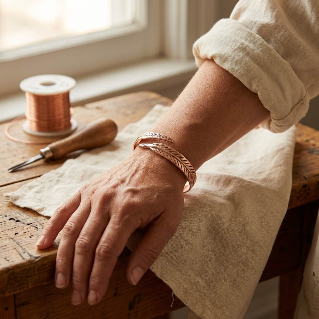 Bracelet plume en cuivre porté au poignet, la main posée sur une table en bois près d'un outil de gravure. 2