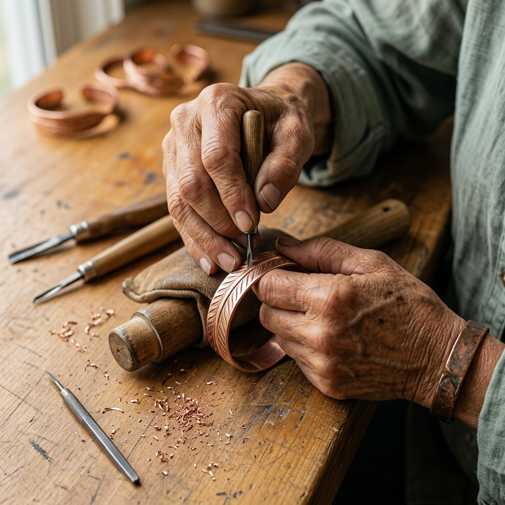 Gros plan sur les mains d'un artisan gravant à l'outil les motifs de plume d'un bracelet en cuivre, copeaux sur l'établi. 4