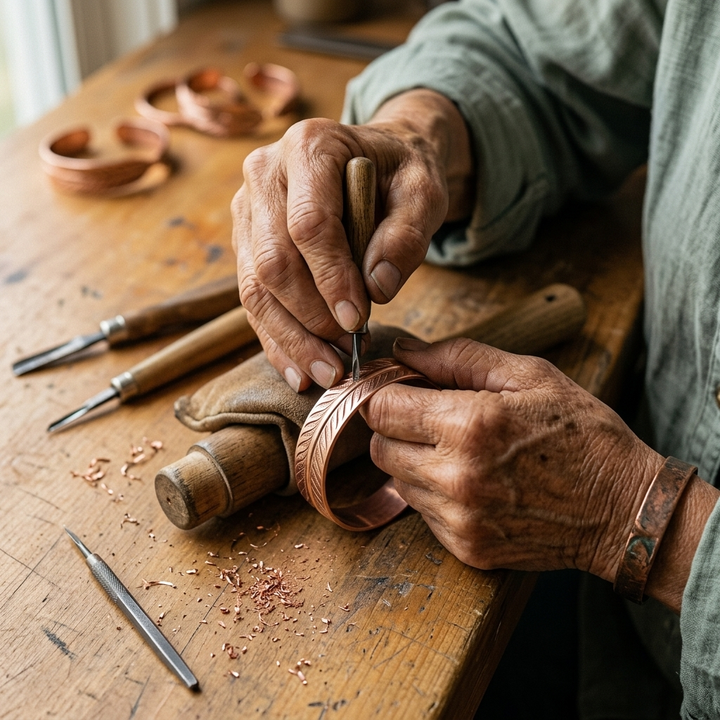 Gros plan sur les mains d'un artisan gravant à l'outil les motifs de plume d'un bracelet en cuivre, copeaux sur l'établi. 4