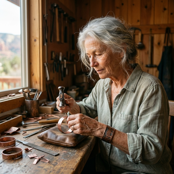 Artisane âgée aux cheveux gris façonnant un bracelet en cuivre au marteau dans son atelier en bois, outils accrochés au mur. 5