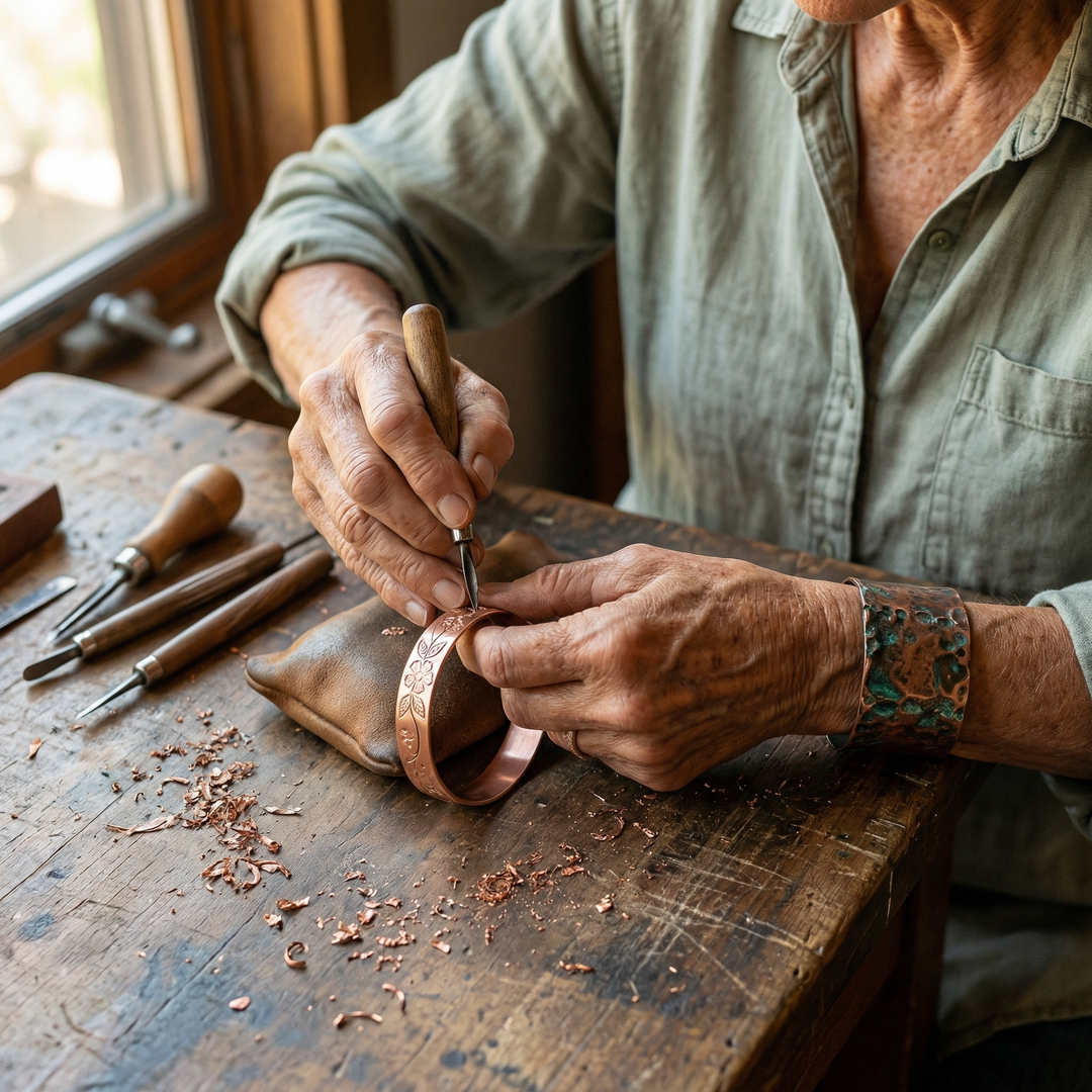 Artisane gravant à la main un motif floral sur un bracelet en cuivre, copeaux sur l'établi 4