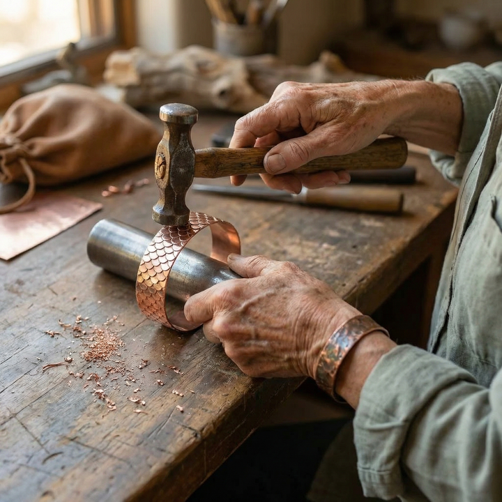 Artisan martelant à la main une bande de cuivre à motif d'écailles autour d'un cylindre en métal 4
