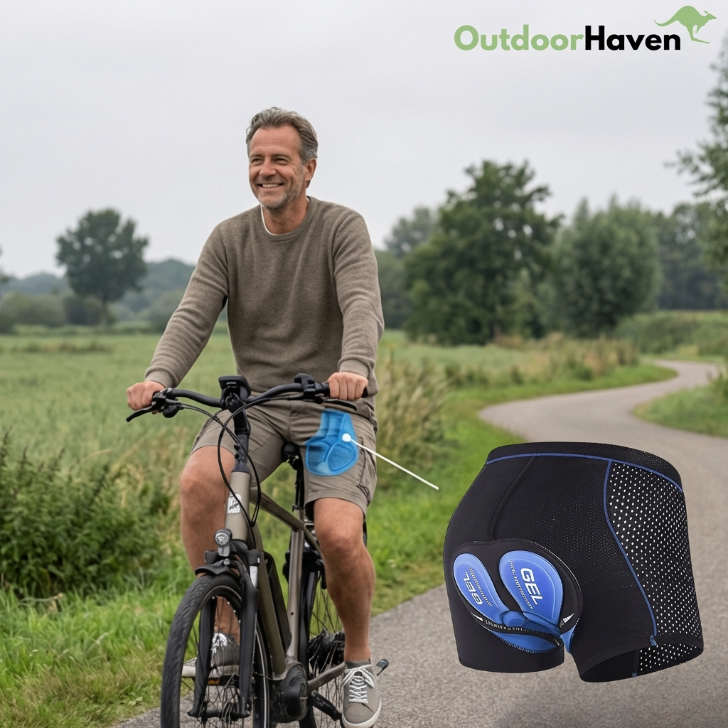 Cycliste souriant en pull et short roulant sur un chemin de campagne, avec le sous-short à gel bleu en médaillon. 5