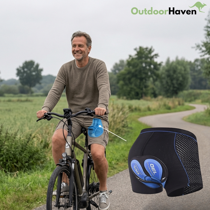 Cycliste souriant en pull et short roulant sur un chemin de campagne, avec le sous-short à gel bleu en médaillon. 5