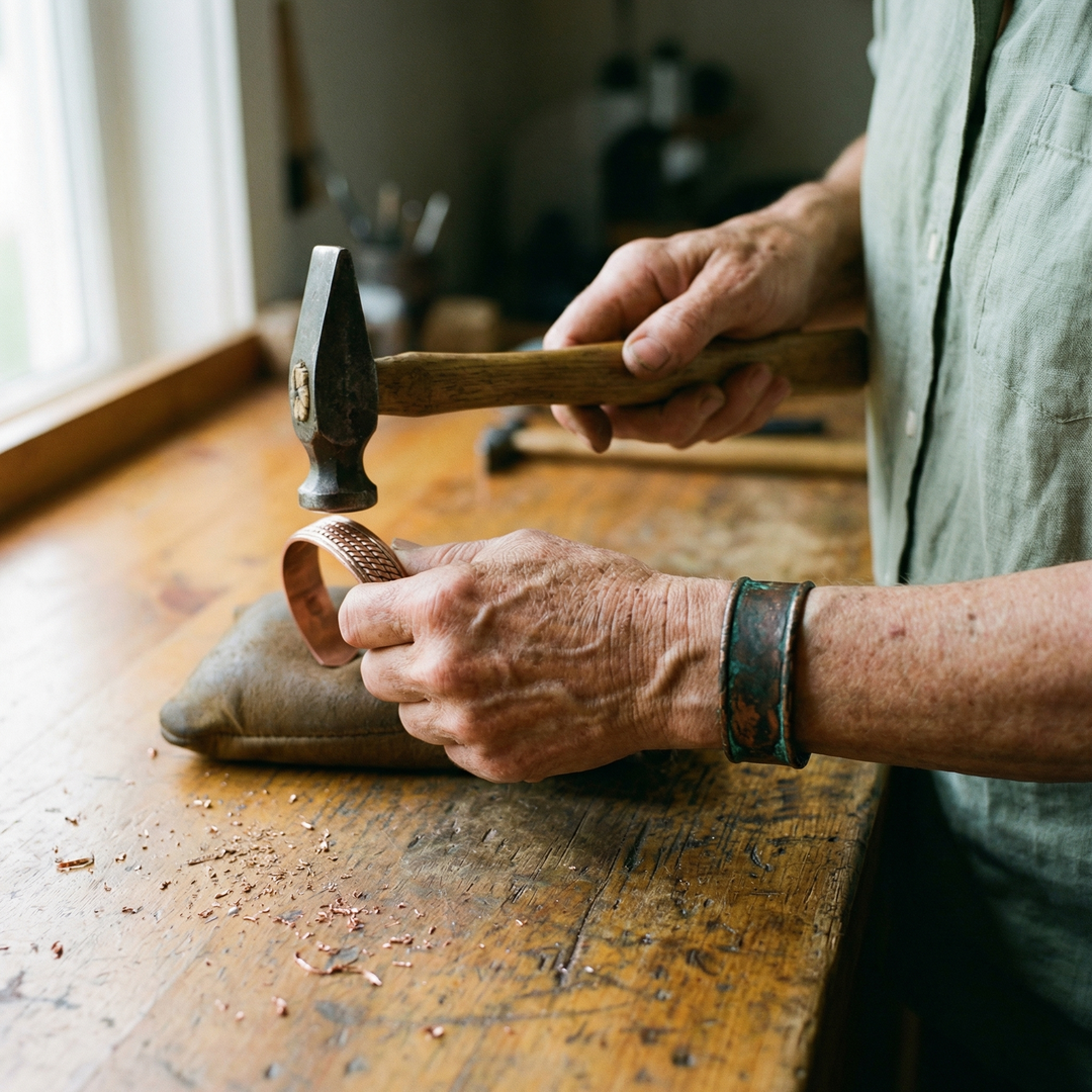 Artisan martelant la manchette tenue sur un coussin de cuir, copeaux de cuivre épars sur l'établi 4