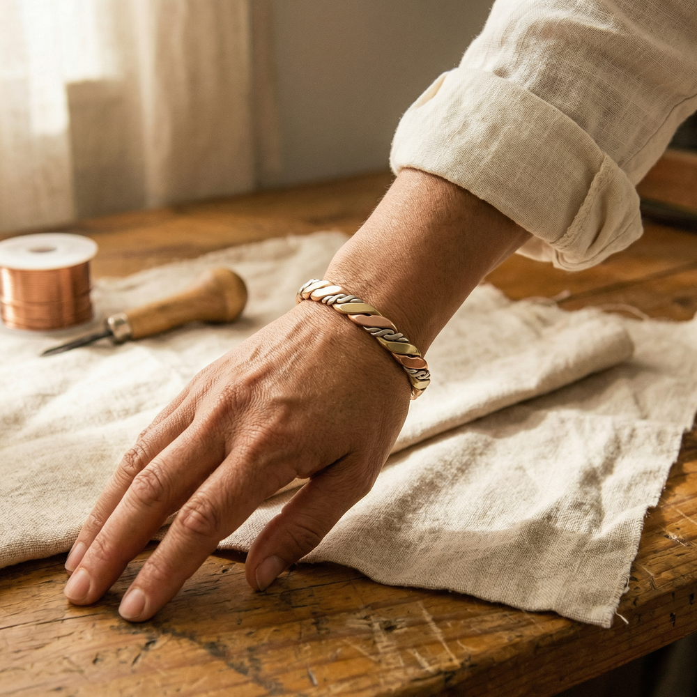 Bracelet torsadé trois métaux porté au poignet, la main posée sur un établi en bois 2