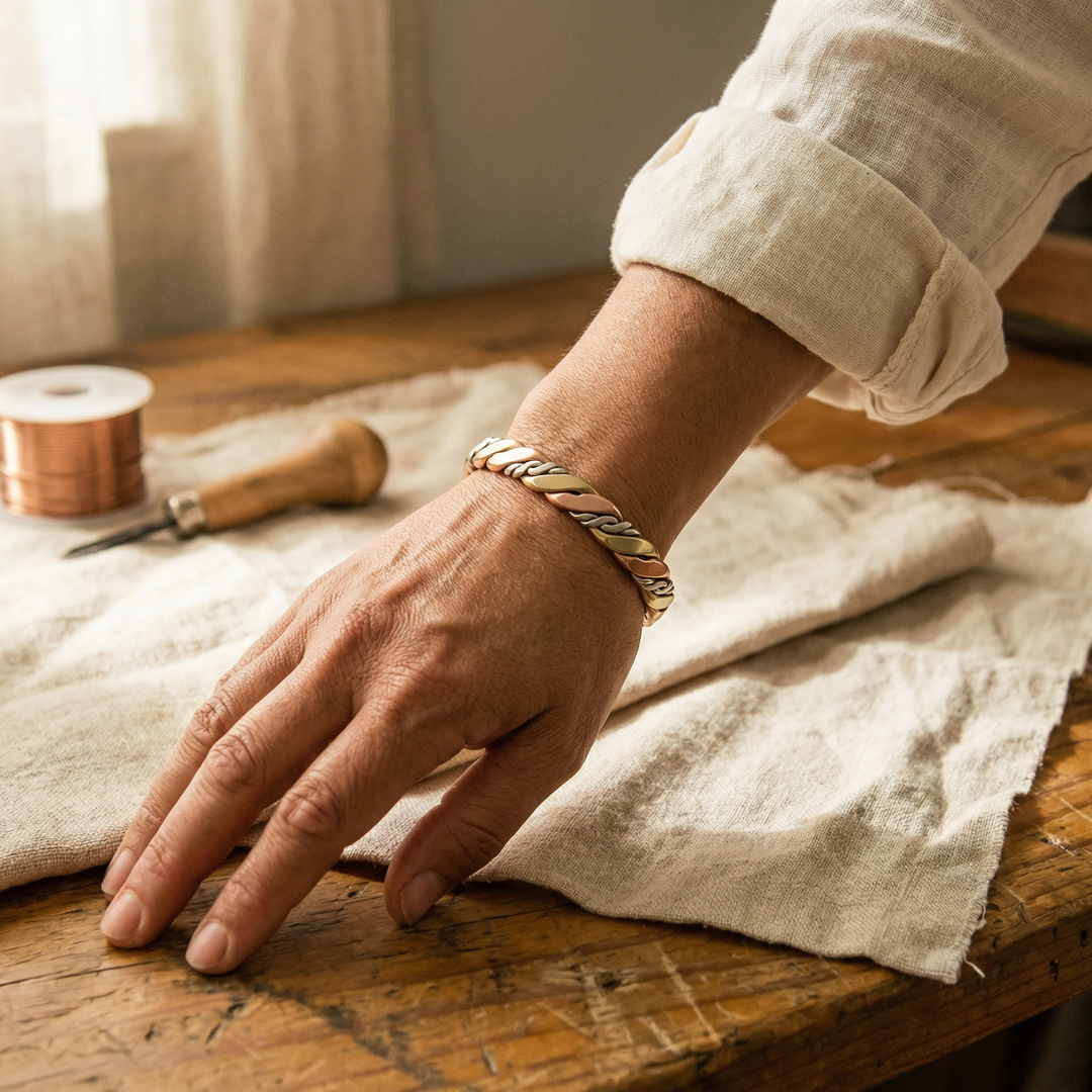 Bracelet torsadé trois métaux porté au poignet, la main posée sur un établi en bois 2