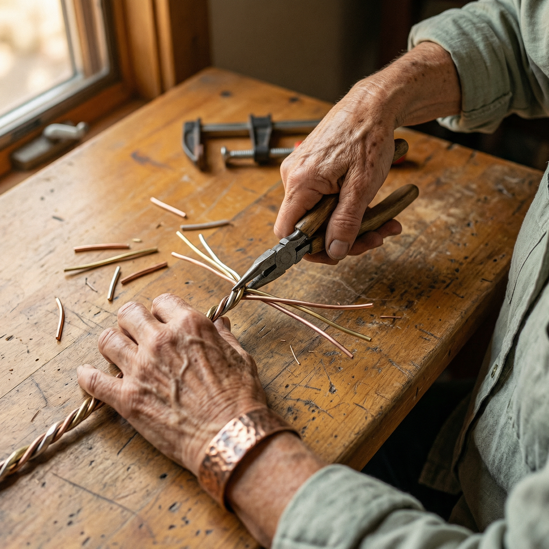 Artisan tressant à la pince des fils de cuivre, laiton et métal argenté sur un établi 4
