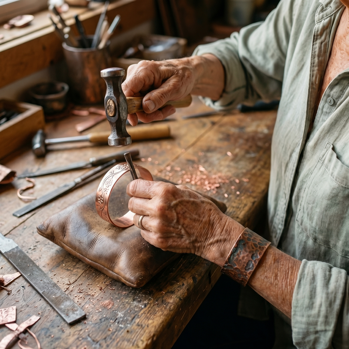 Artisan âgé gravant à la main un bracelet en cuivre avec un marteau et un burin 4