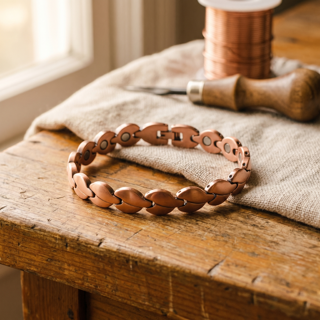 Bracelet en cuivre à maillons ovales posé sur une table en bois, avec fermoir et petits aimants visibles à l'intérieur des maillons. 2
