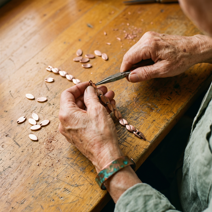 Mains d'artisan assemblant à la pince un bracelet en cuivre, entourées de maillons ovales et de limaille de cuivre sur l'établi. 3
