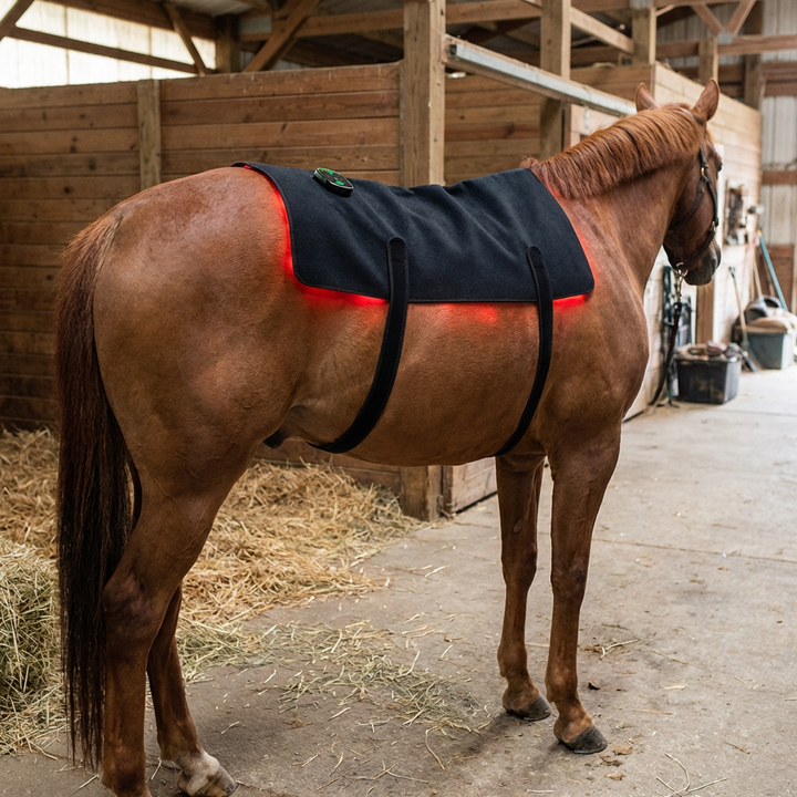 Cheval alezan clair de profil dans une allée d'écurie, enveloppe noire sanglée sur le dos avec une lueur rouge sur les flancs. 10