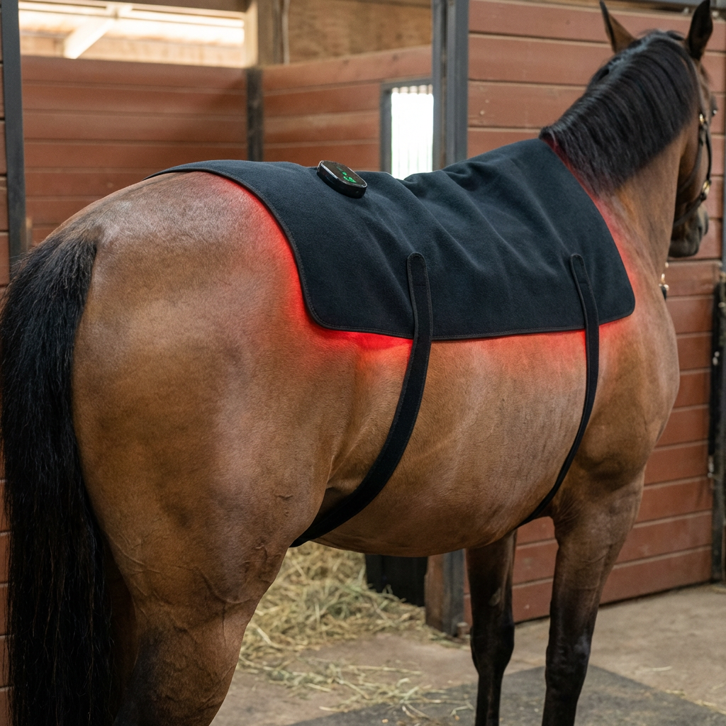 Gros plan sur la croupe d'un cheval alezan dans une écurie, enveloppe noire sanglée avec boîtier de commande et halo rouge. 2
