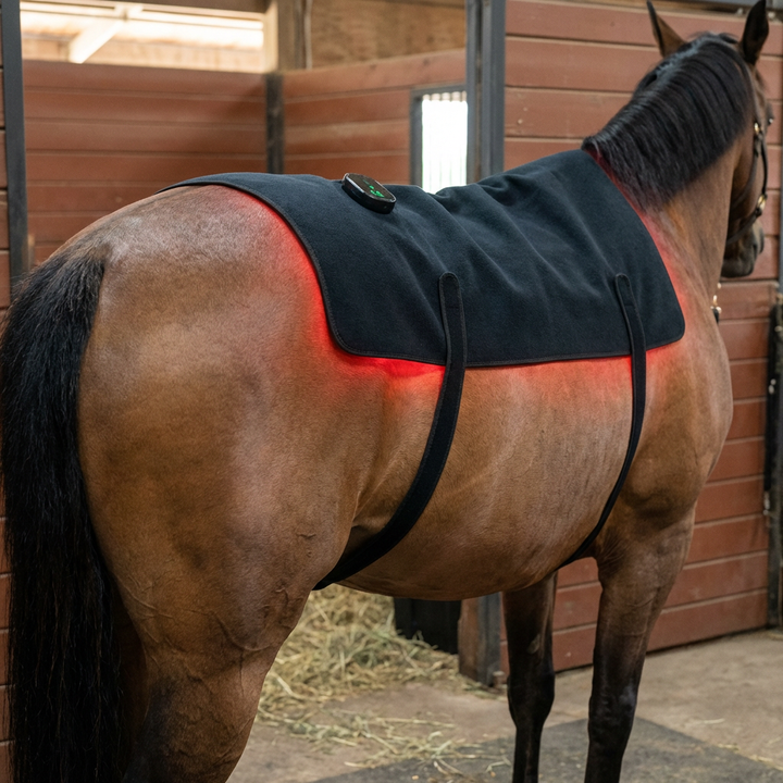 Gros plan sur la croupe d'un cheval alezan dans une écurie, enveloppe noire sanglée avec boîtier de commande et halo rouge. 2