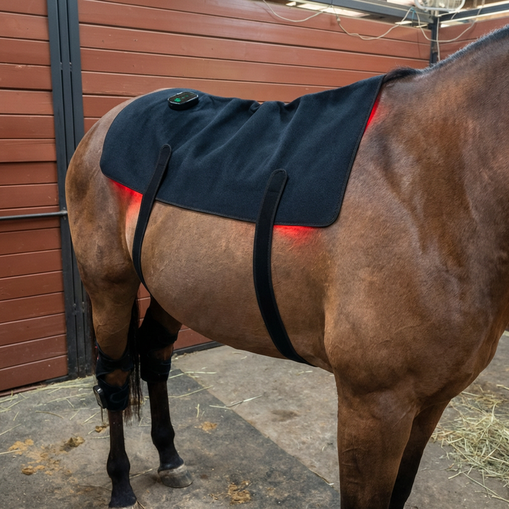 Vue de côté d'un cheval brun portant l'enveloppe noire, lumière rouge visible sous ses bords, dans un box aux parois de bois rouge. 9
