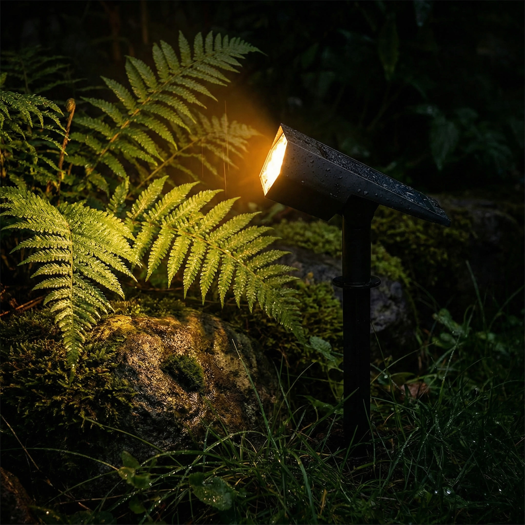 Projecteur allumé sous la pluie, faisceau chaud dirigé vers des fougères mouillées dans la nuit 5