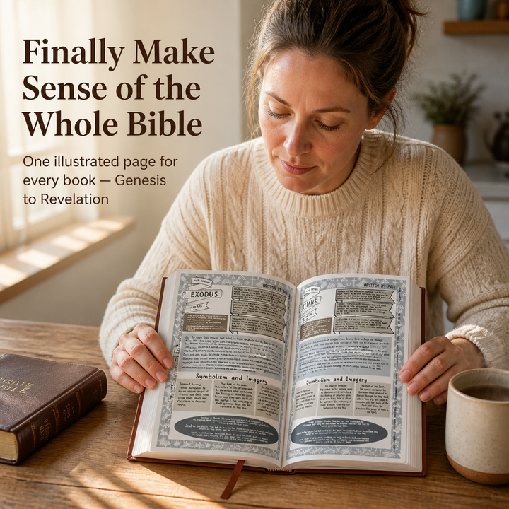 Femme en pull crème, assise à une table en bois, lisant le guide ouvert sur une double page illustrée, avec une tasse et une Bible à côté. 1