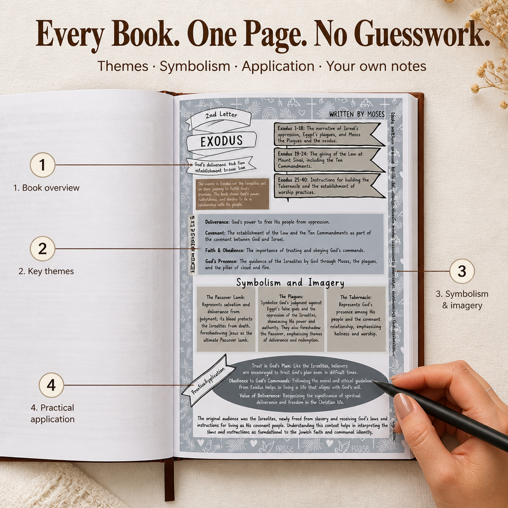 Page du guide consacrée à un livre biblique, avec quatre zones numérotées : aperçu, thèmes clés, symbolisme et application pratique ; une main tient un stylo. 2