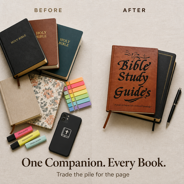 Comparaison avant-après : à gauche un tas de Bibles, carnets, surligneurs et téléphone, à droite le guide brun posé sur une Bible noire avec un stylo. 5