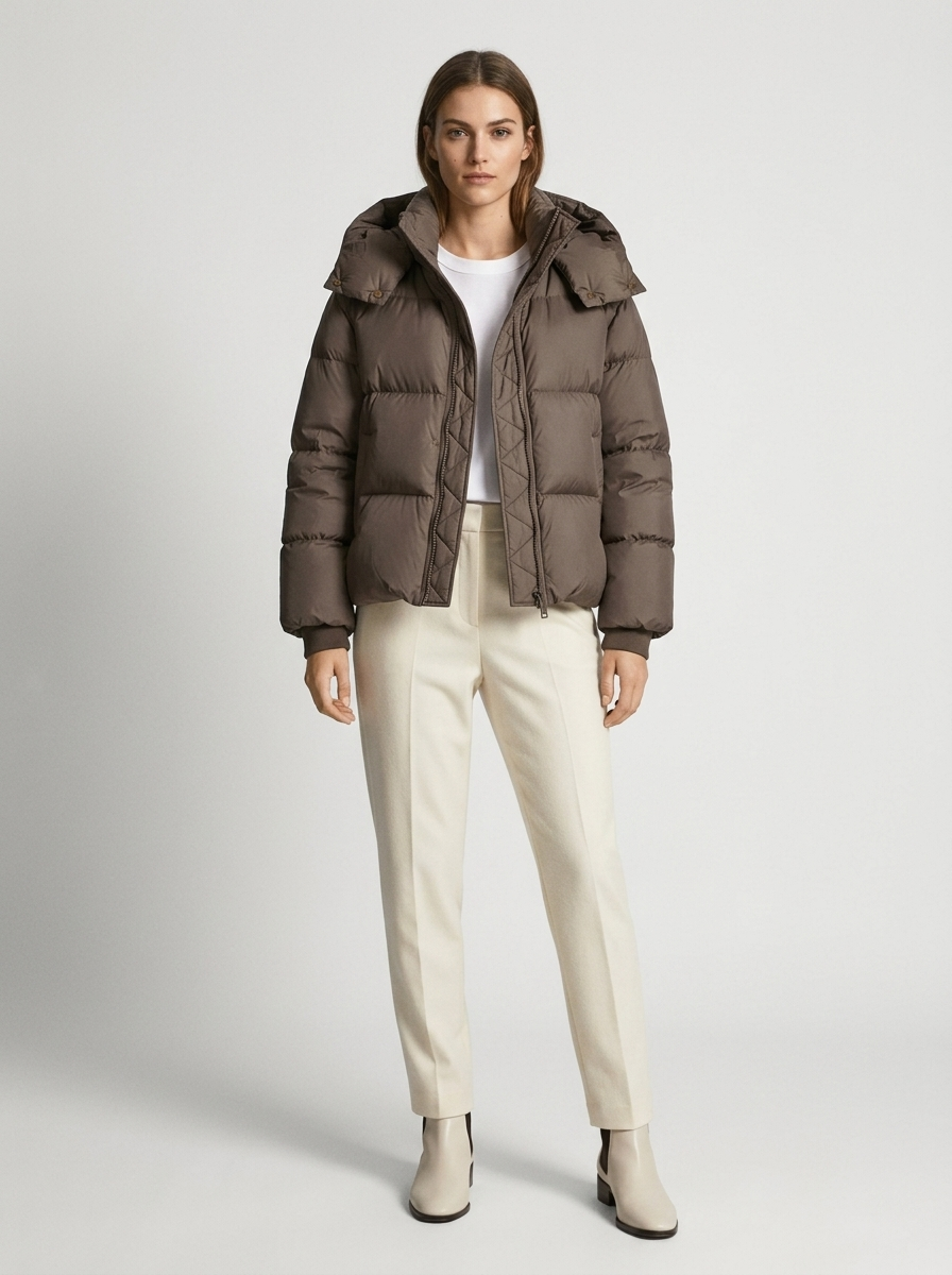 Femme en pied portant la doudoune marron ouverte sur un t-shirt blanc et un pantalon crème 8
