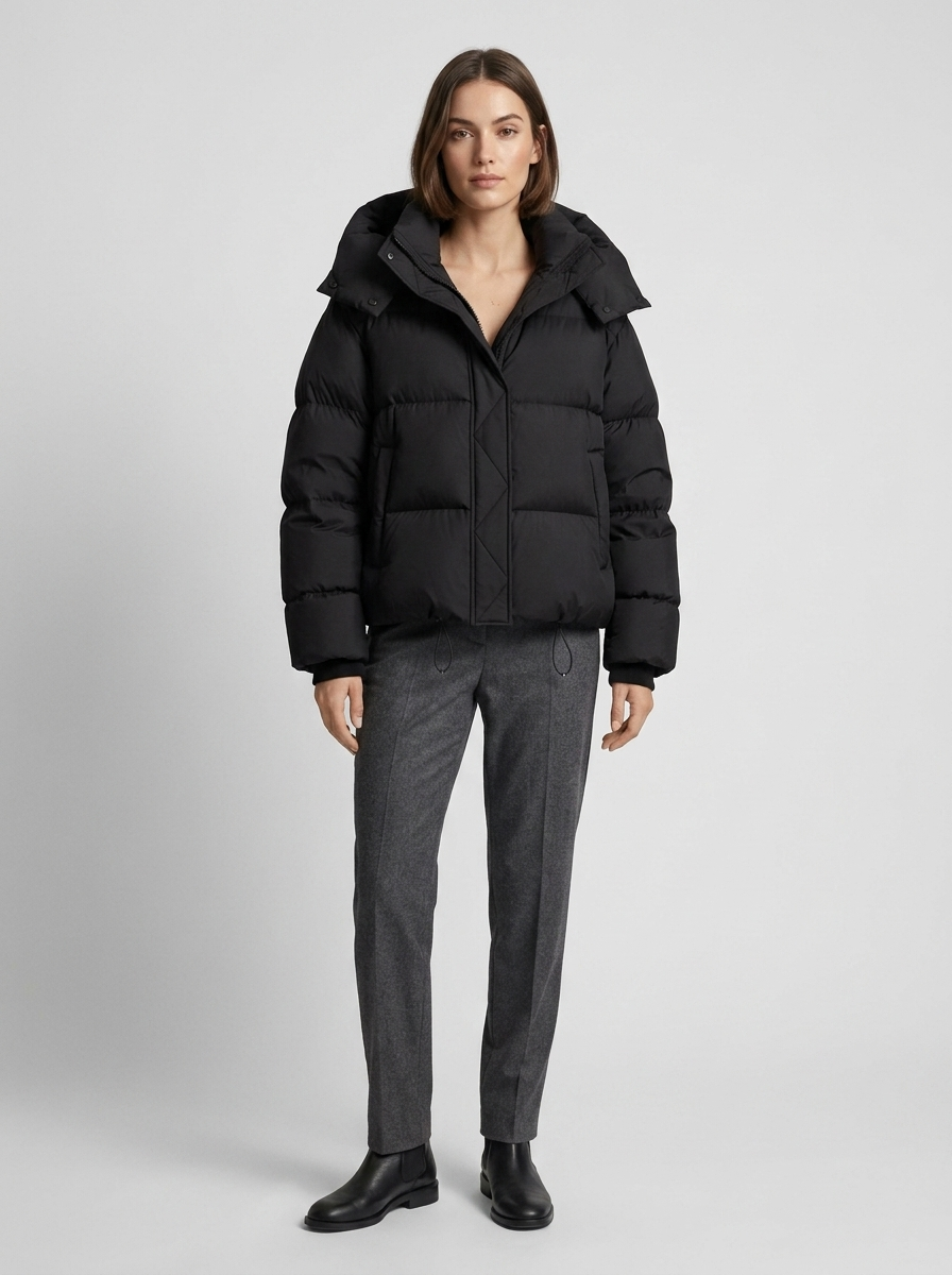 Femme en pied portant la doudoune noire avec pantalon gris et bottines noires, capuche rabattue 4