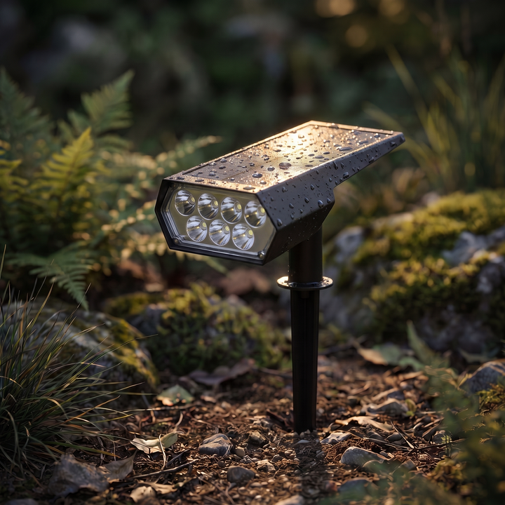 Gros plan sur le projecteur planté dans le sol au crépuscule, sept LED visibles, gouttes de pluie sur le panneau 1