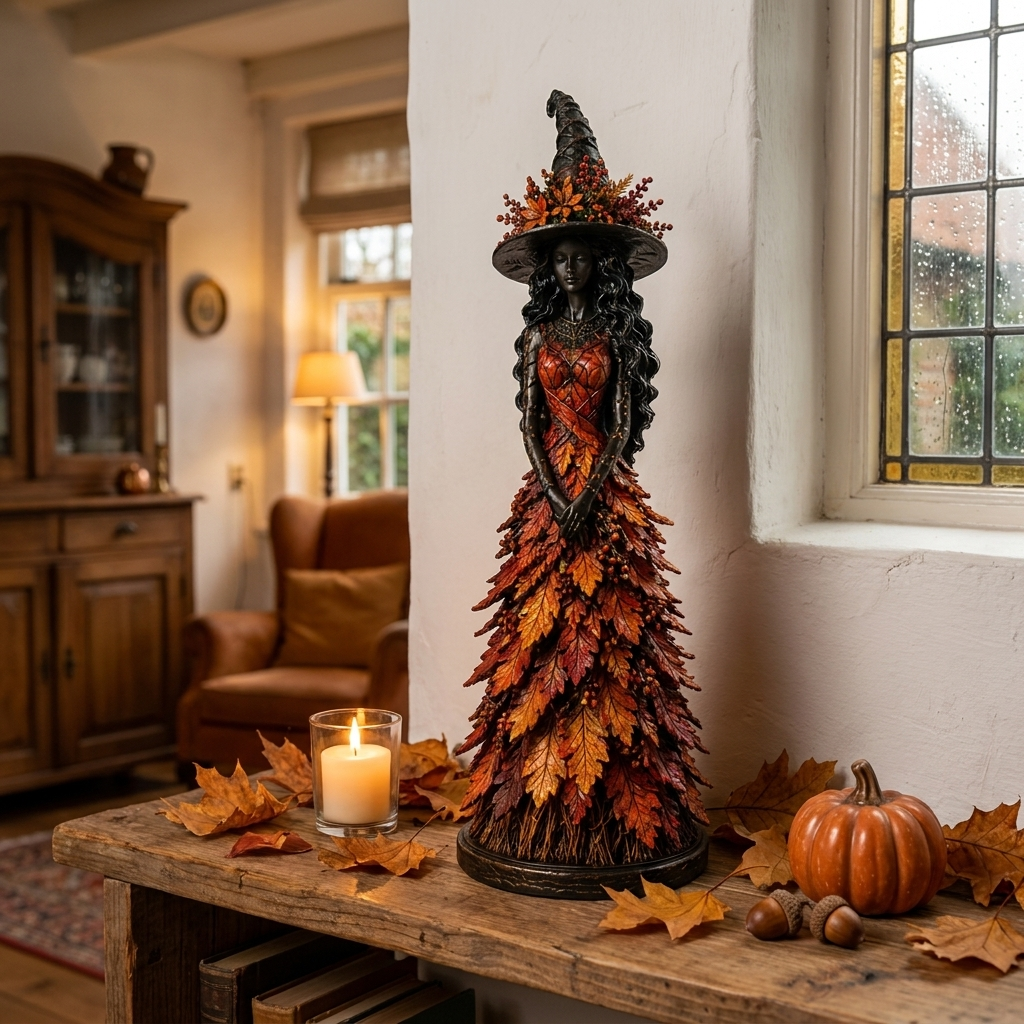 Figurine de sorcière à robe de feuilles rouges et orangées, posée sur une console en bois près d'une bougie, d'une citrouille et de glands. 1
