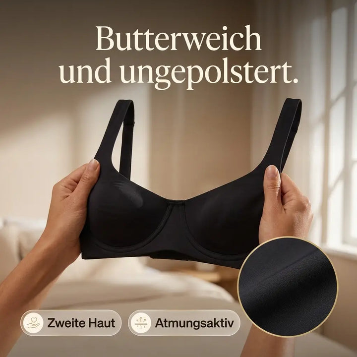 Deux mains tiennent le soutien-gorge balconnet noir devant une fenêtre, avec un zoom rond sur le tissu lisse et doux. 9