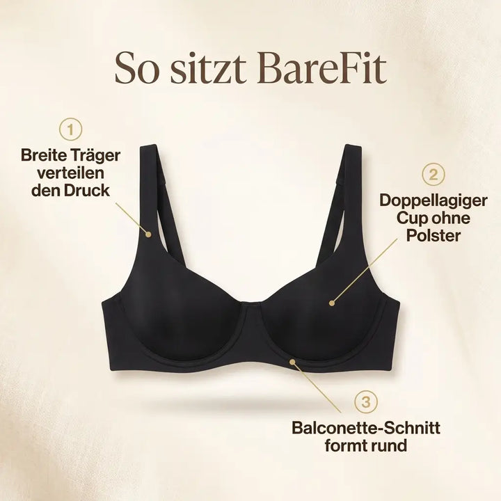 Soutien-gorge balconnet noir à plat avec trois repères numérotés sur les larges bretelles, le bonnet double épaisseur et la coupe balconnet. 7