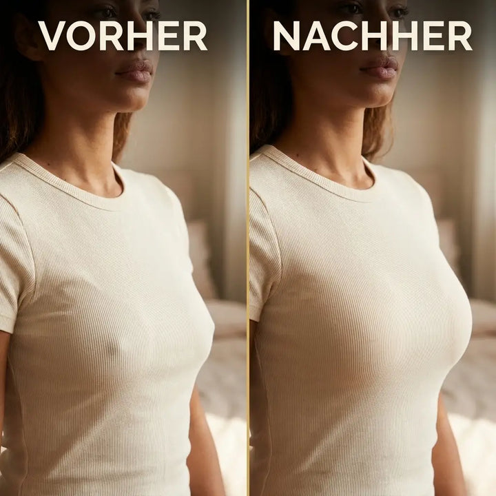 Comparaison avant et après sur un t-shirt côtelé crème, la poitrine paraît plus ronde et galbée à droite. 3