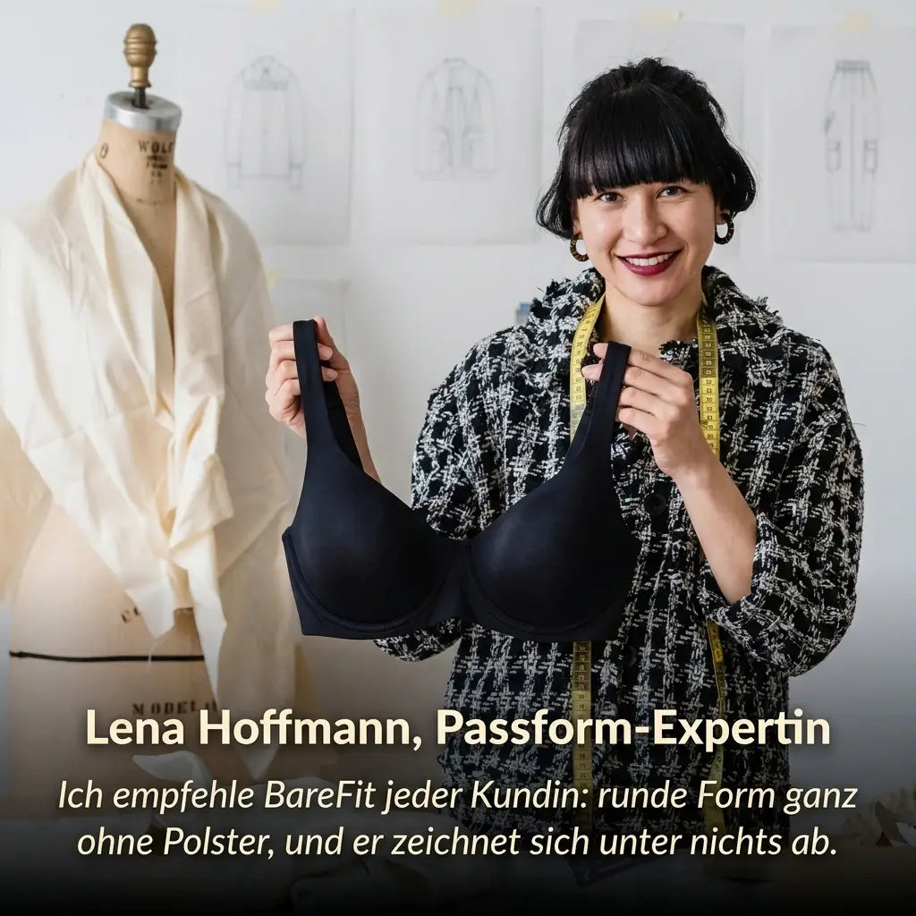 Femme souriante dans un atelier de couture tenant le soutien-gorge balconnet noir devant elle, mètre ruban au cou, mannequin de couture derrière. 5