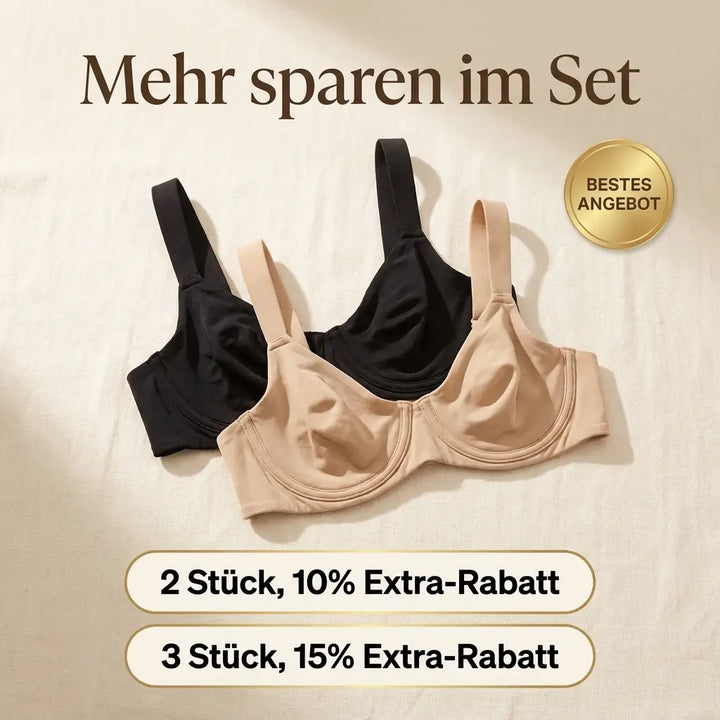 Deux soutiens-gorge balconnet, un noir et un beige, posés à plat sur un tissu clair avec offres de réduction pour un lot. 16