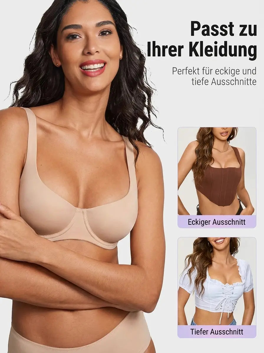 Femme souriante en soutien-gorge beige, bras croisés, avec deux vignettes de tenues à encolure carrée et décolleté plongeant. 10