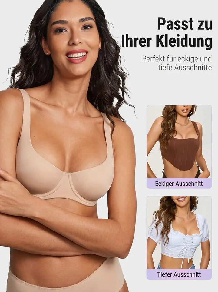 Femme souriante en soutien-gorge beige, bras croisés, avec deux vignettes de tenues à encolure carrée et décolleté plongeant. 10