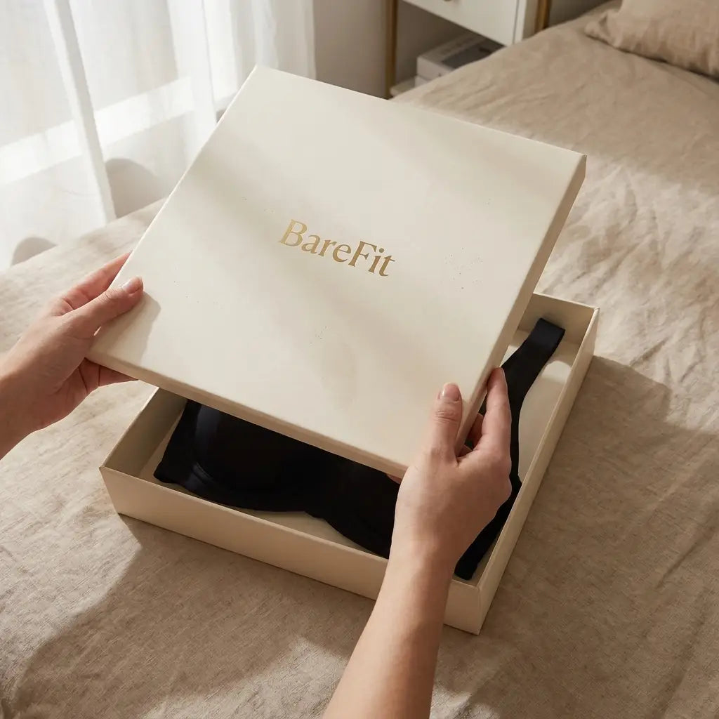 Mains soulevant le couvercle d'une boîte cadeau crème posée sur un lit, laissant voir le soutien-gorge noir plié à l'intérieur. 14