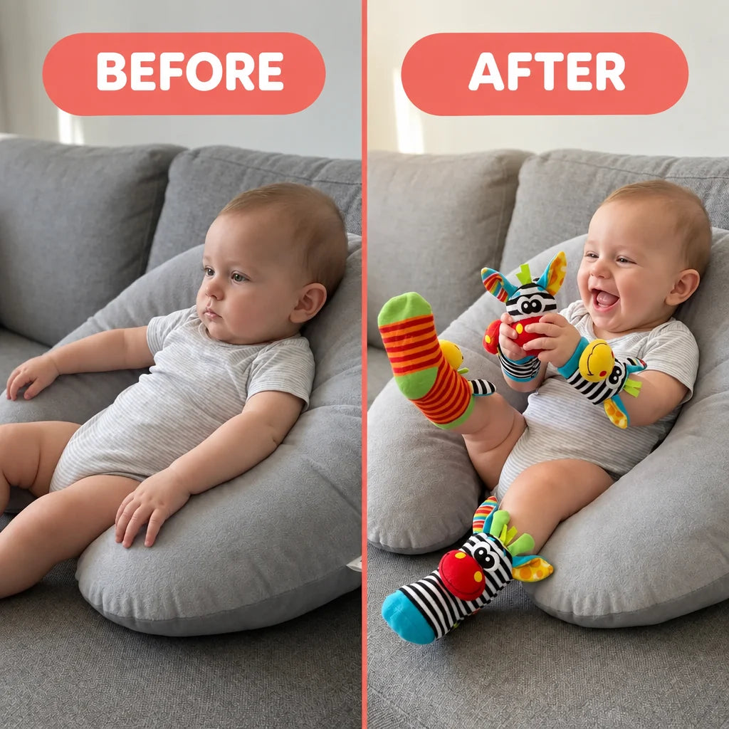 Comparaison de deux photos de bébé sur un canapé: l'un regarde sans expression, l'autre rit en portant les chaussettes et hochets de poignet. 4