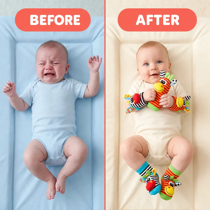 Comparaison de deux photos de bébé sur un matelas à langer: l'un pleure, l'autre sourit avec hochets aux poignets, chaussettes aux pieds et peluche. 3