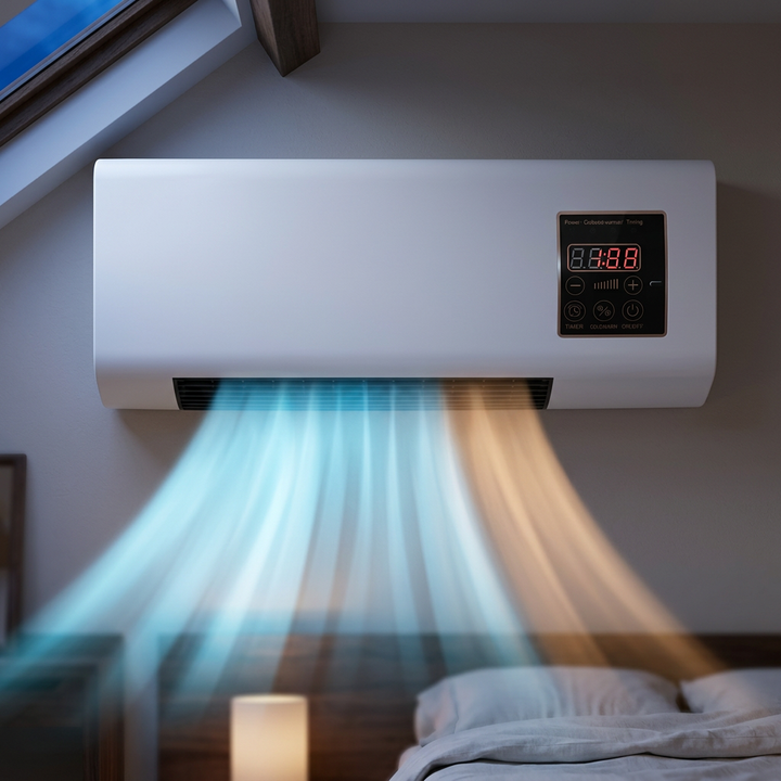 Appareil blanc fixé au mur d'une chambre mansardée, avec un flux d'air frais bleuté et un flux d'air chaud orangé sous un lit. 1