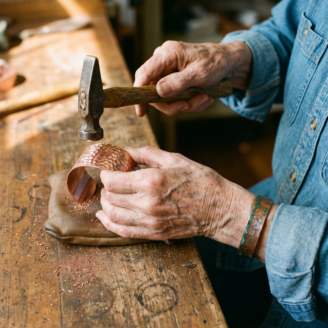 Artisan martelant à la main une bande de cuivre posée sur un coussin de cuir 3