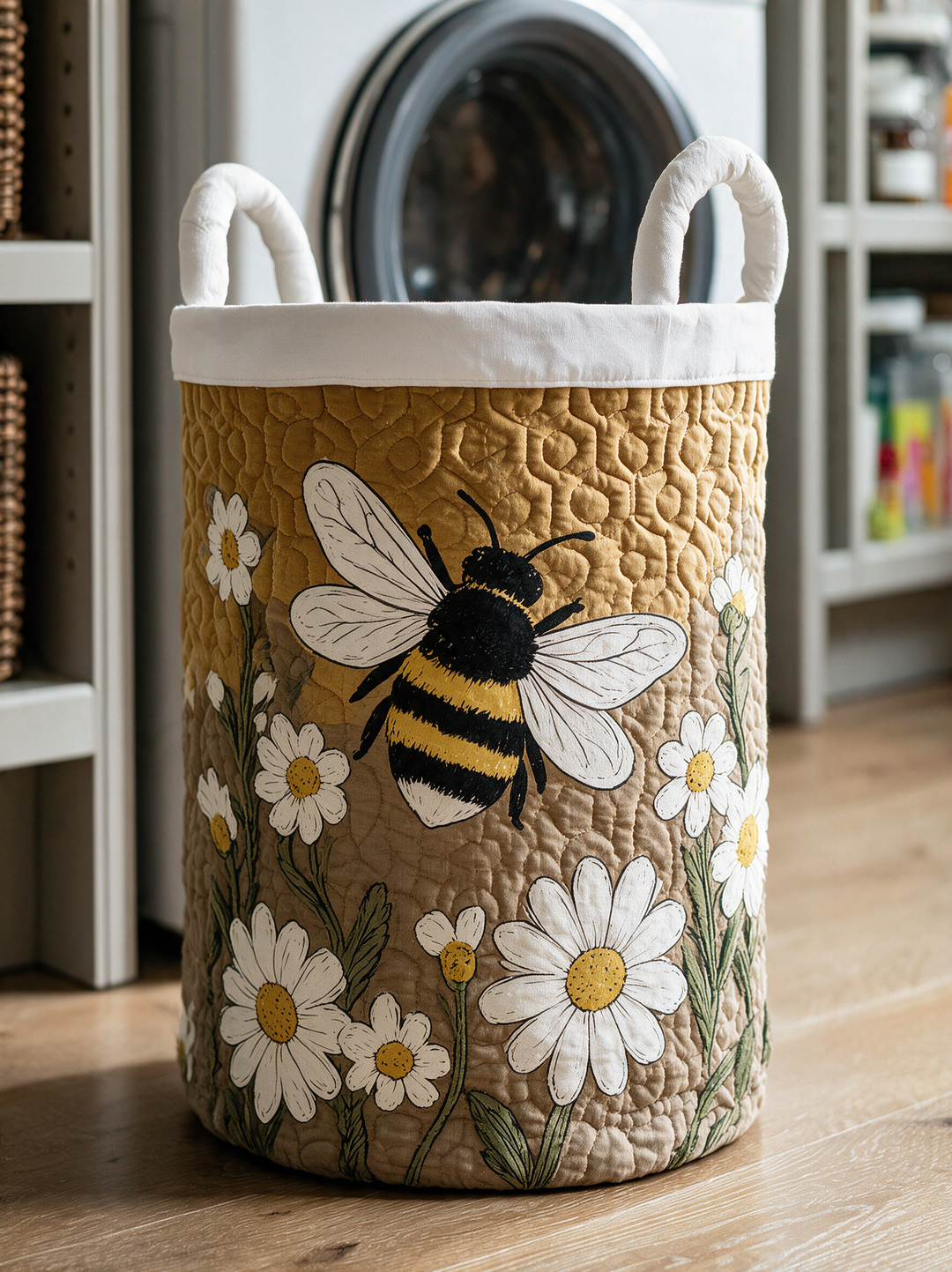 Panier autoportant en gros plan, motif d'abeille et de marguerites imprimé sur un matelassage en nid d'abeille, bord blanc et poignées blanches. 3