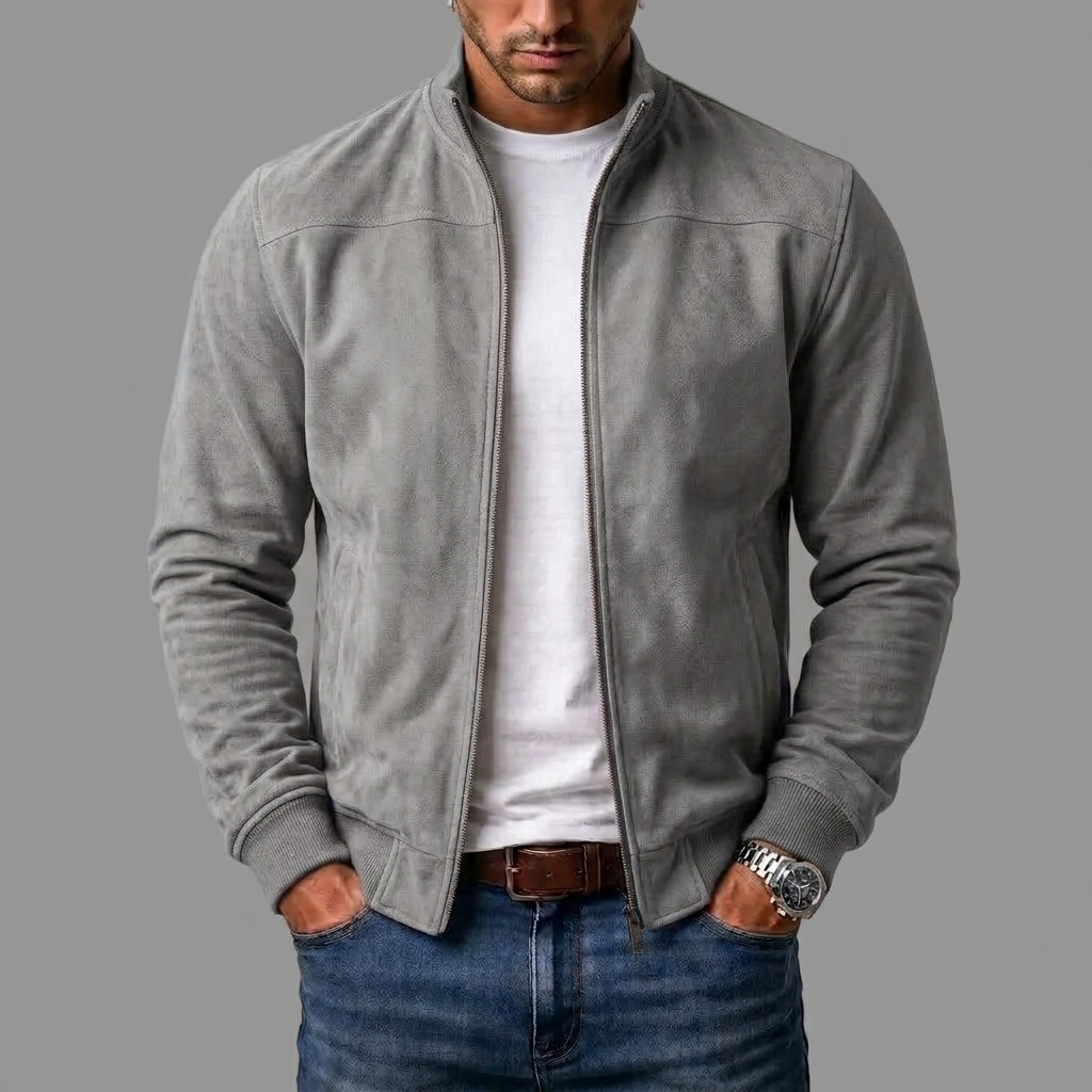 Homme portant le blouson en daim gris clair zippé ouvert sur un t-shirt blanc, avec jean bleu et bas côtelé. 7