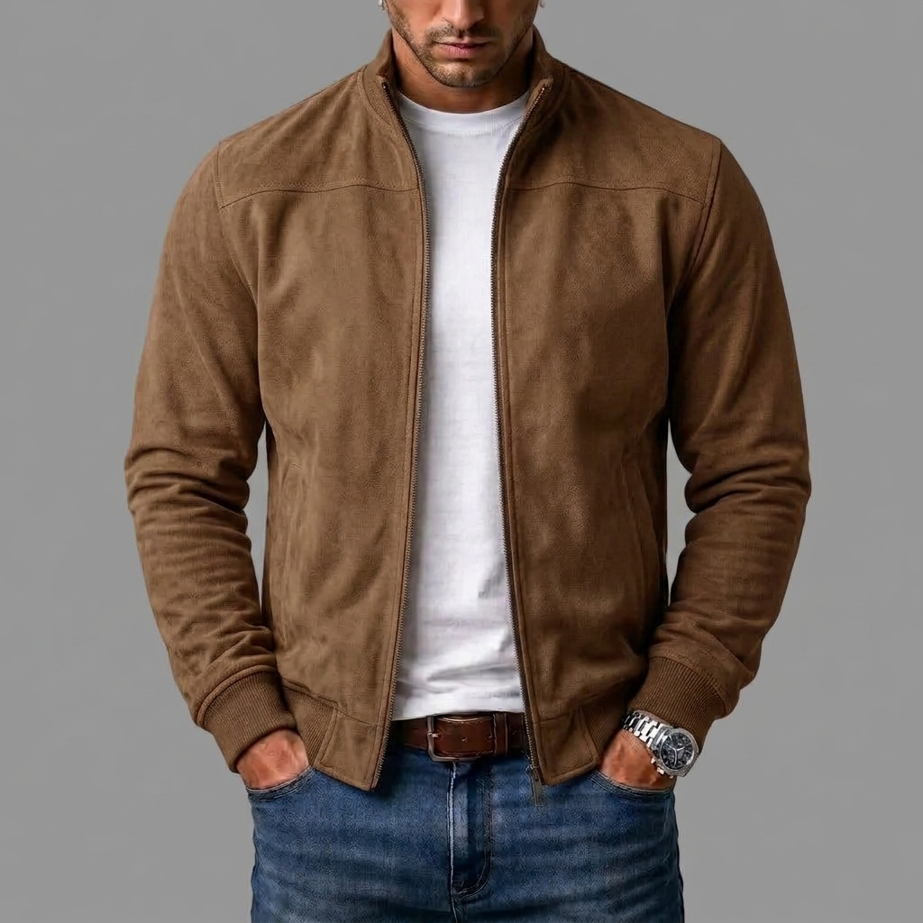 Homme portant le blouson en daim marron caramel zippé ouvert sur un t-shirt blanc, avec jean et col montant. 5