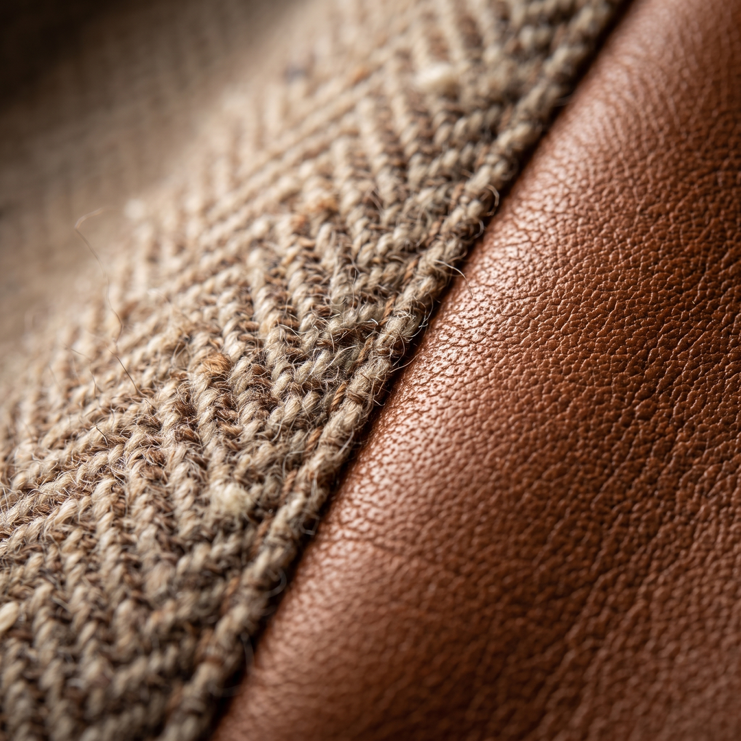 Gros plan sur la matière : tweed à chevrons beige et brun à côté d'une bordure en simili-cuir marron grainé. 2